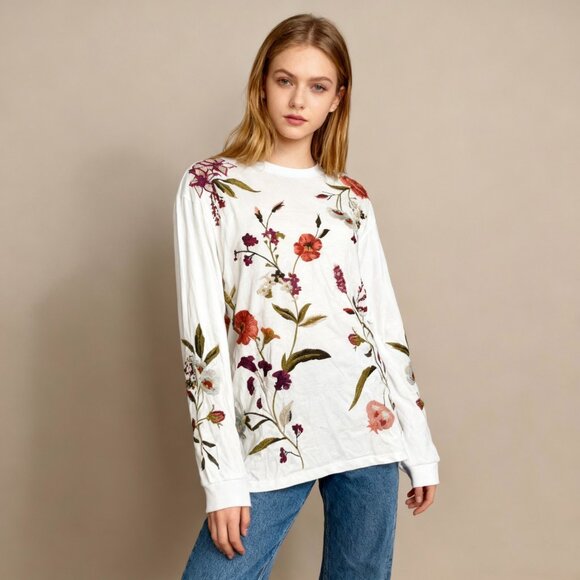 Johnny Was Tops - NWOT Johnny Was Flore Floral White Cotton Tee Long Sleeve T-Shirt Size S